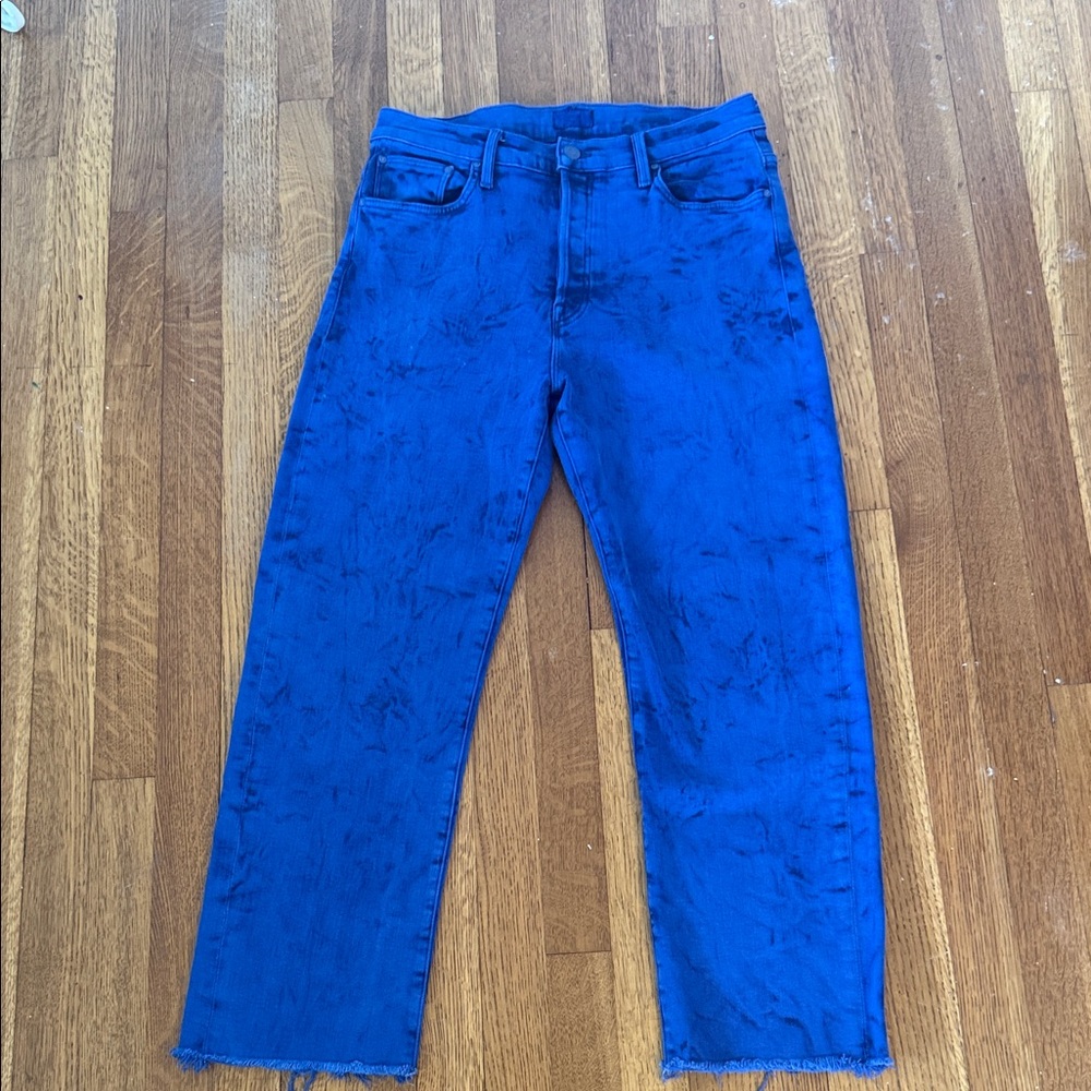 Mother The Ditcher Crop Fray in Blazing Blue Acid Wash Wide Leg Jeans 27